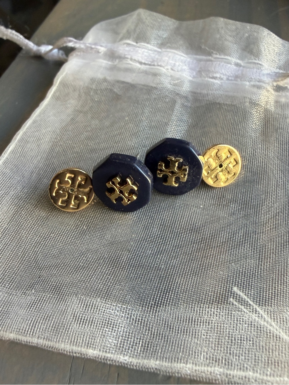 Tory Burch Navy Blue Octagonal Logo Stud Earrings Gold Tone | Original Logo Back - Picture 2 of 4